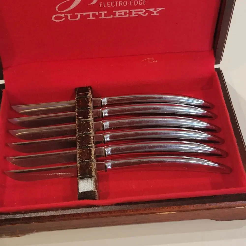 Vintage ZYLCO Electro Edge  Saladmaster 400 Set of 6 Knives Felt-Lined Wood Box